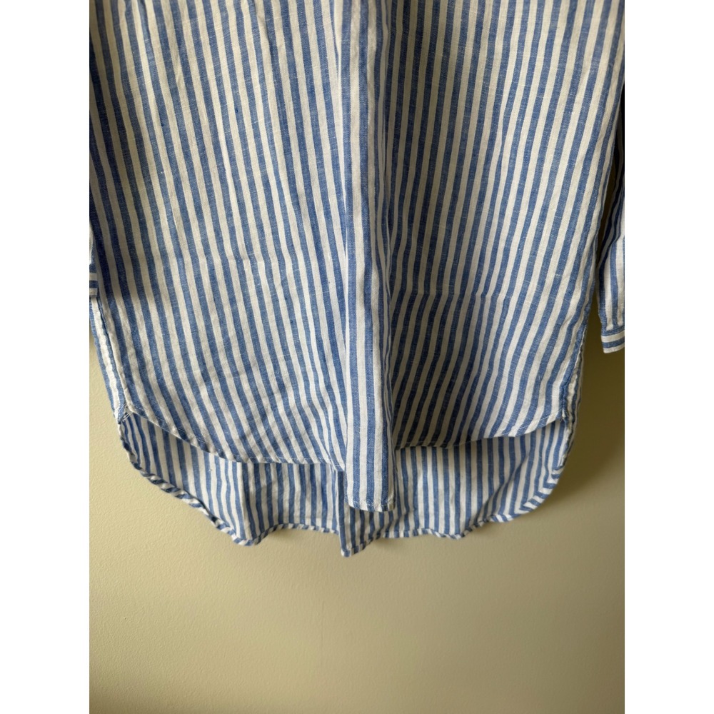 L.L. Bean Linen Tunic Blouse M Blue White Striped Split V-Neck 504808 - Picture 7 of 11